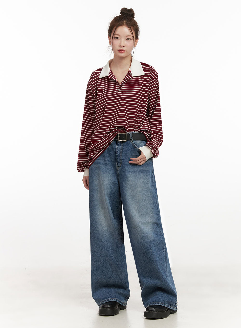 Oversized Stripe Collared Long Sleeve Top IJ527