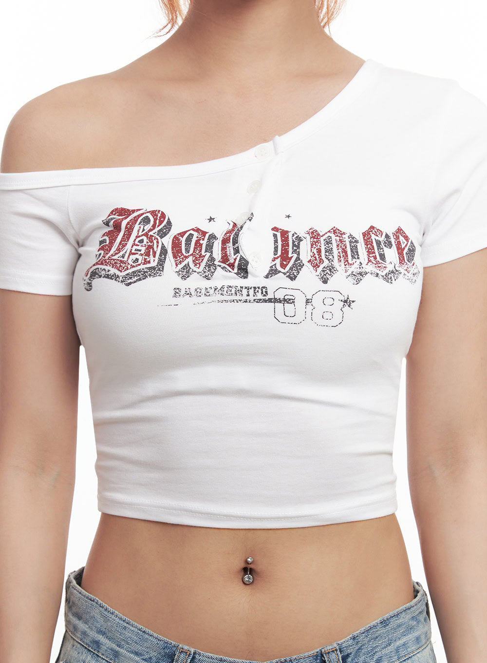 Graphic One-Shoulder Crop Top IA517