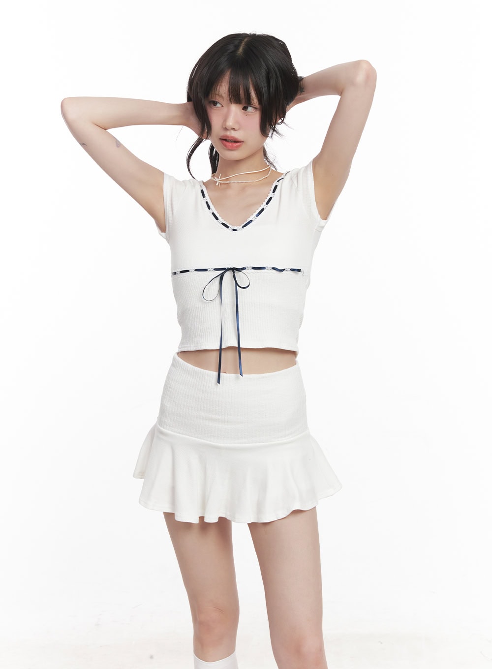 Ribbon V-Neck Crop T-Shirt CY520