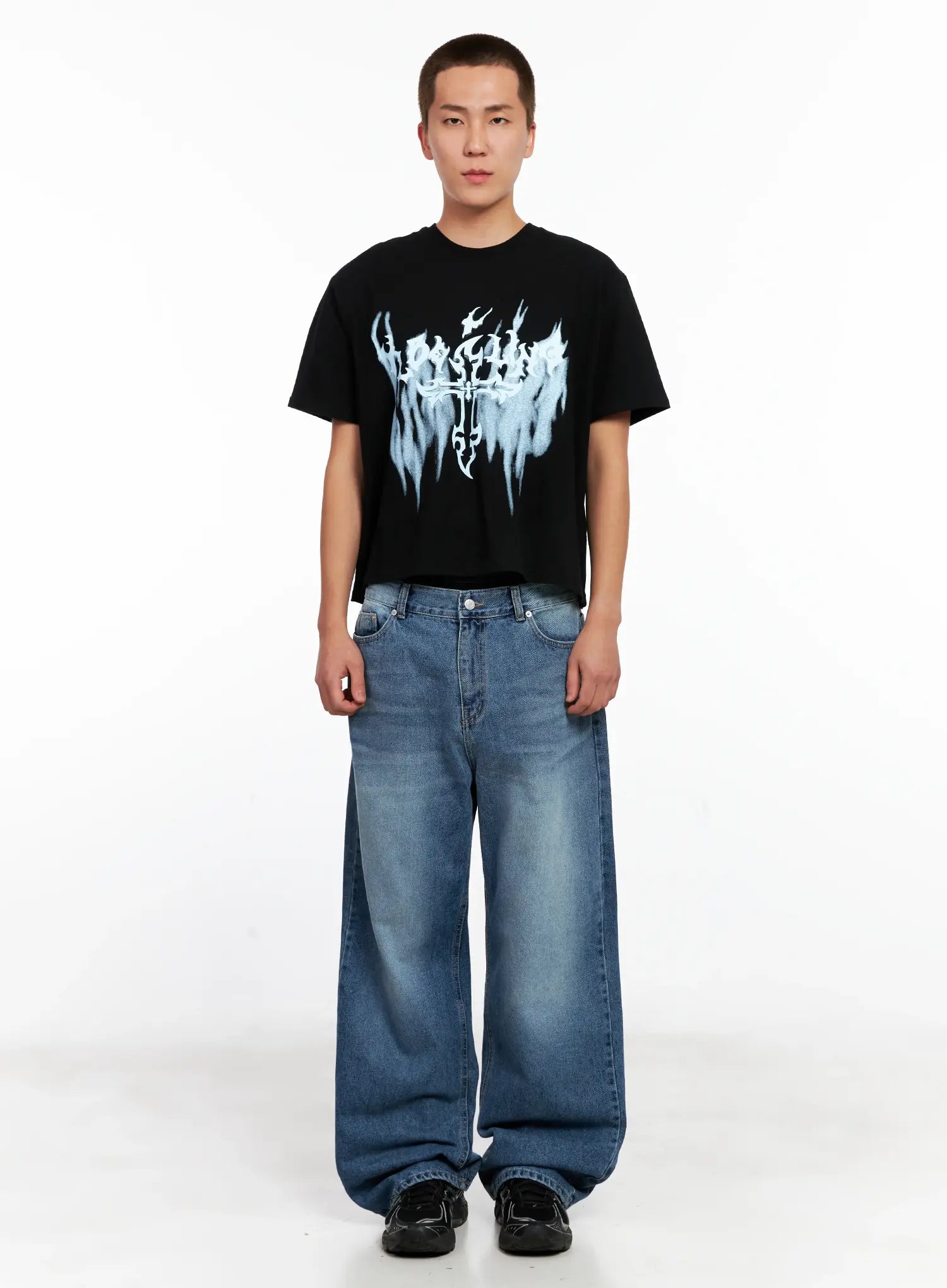 Men's Wide-Leg Washed Denim Jeans IG511