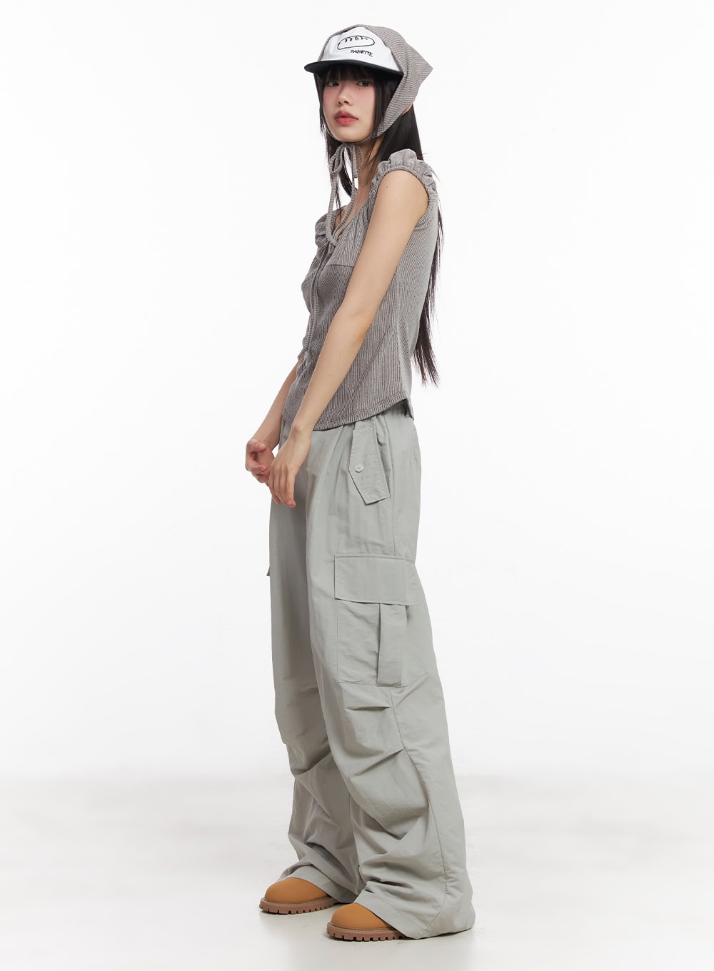 Pintuck Nylon Wide-Leg Cargo Pants CY514