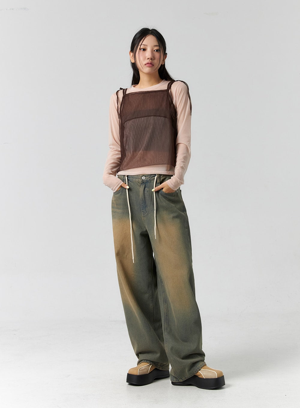 String Washed Wide Leg Jeans CS302