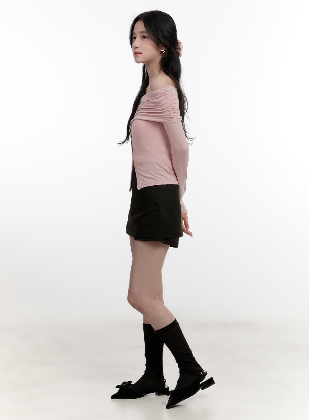 Shirred Off-Shoulder Buttoned Top CF528