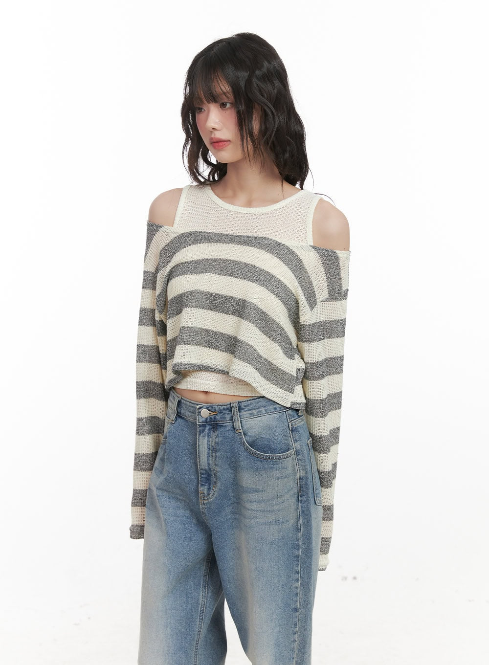 Striped Off-Shoulder Crop Sweater with Tank Top CJ523