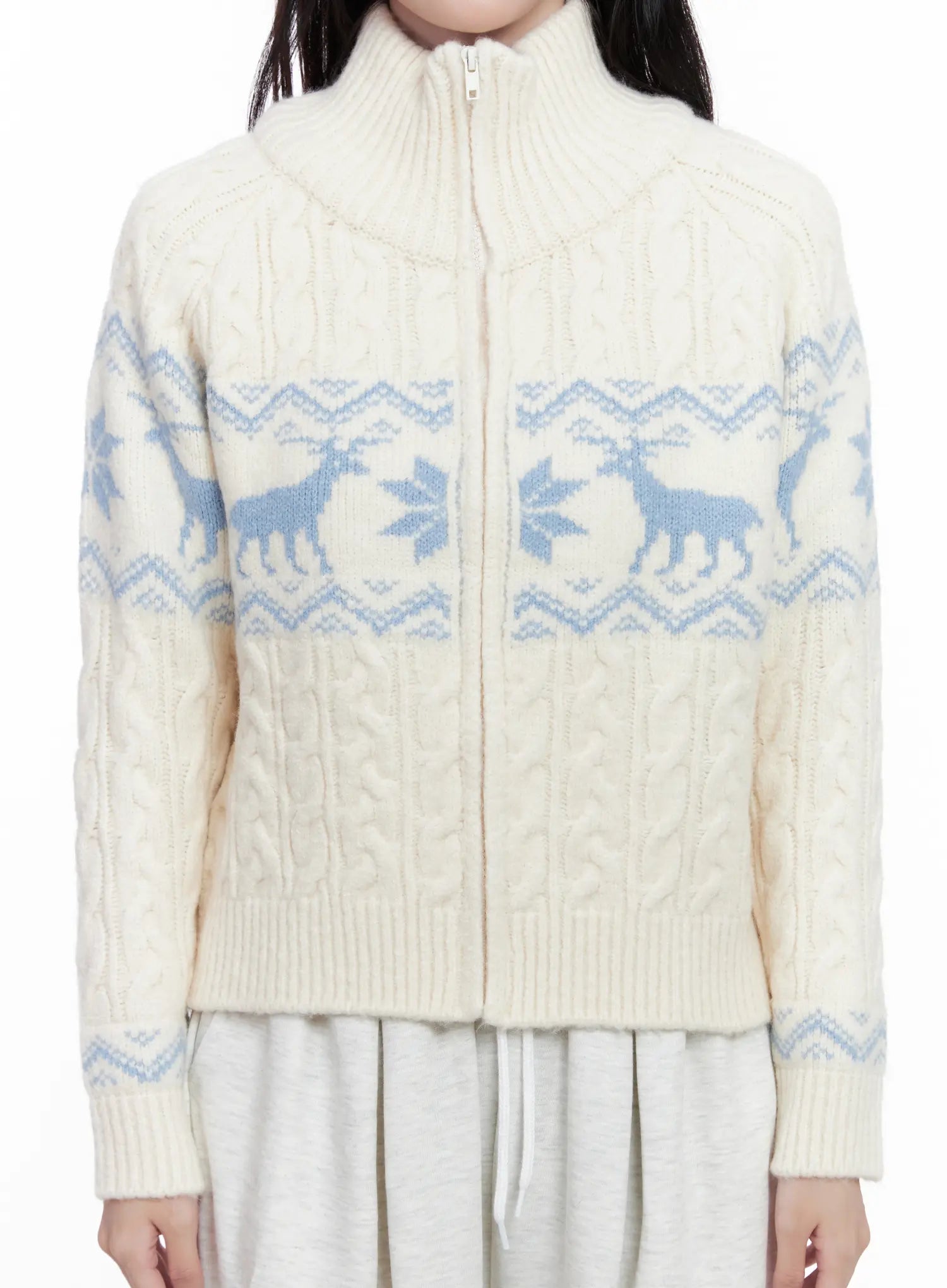 Cable Knit Funnel Neck Zip-Up Sweater CS523