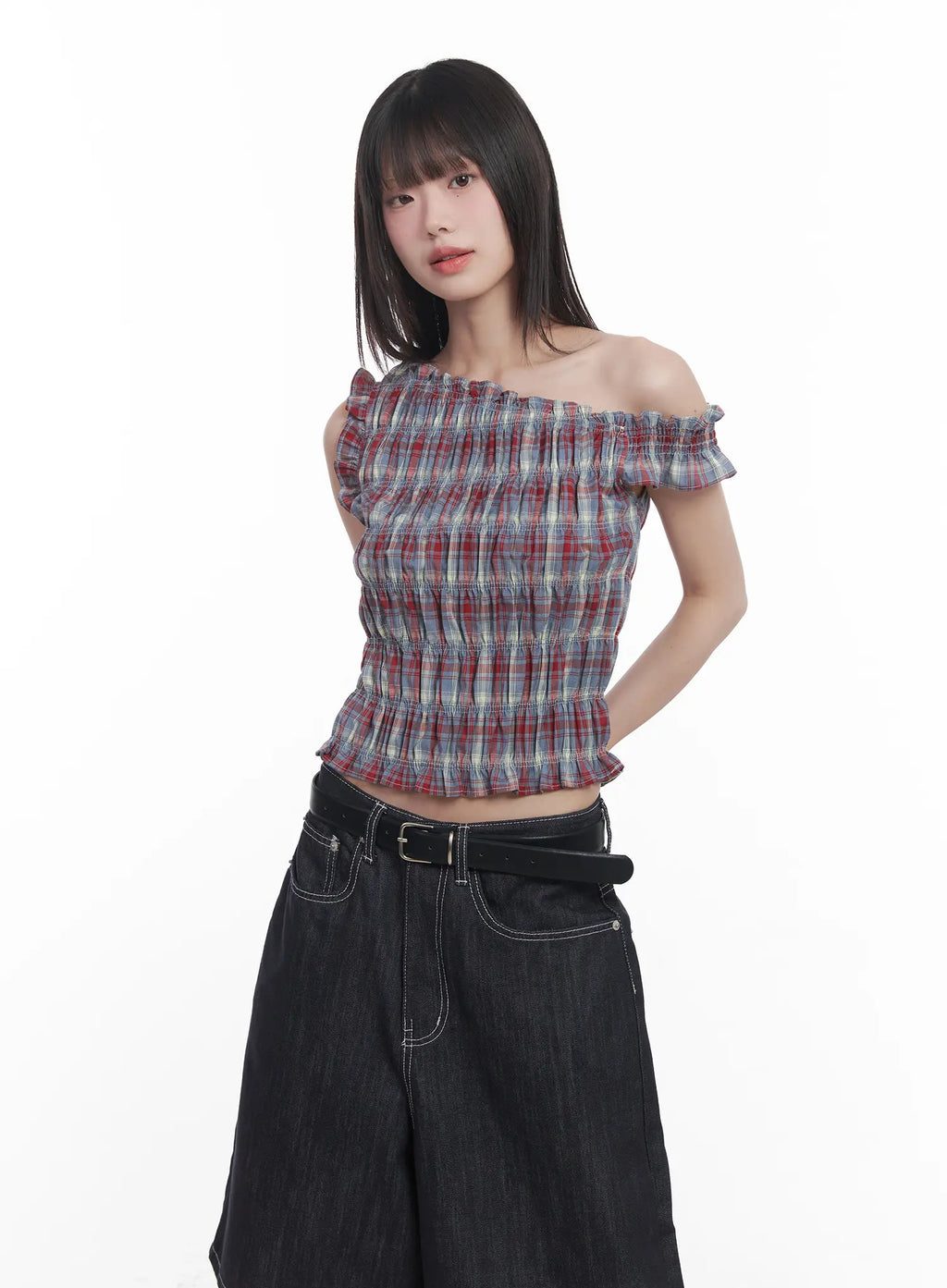 Plaid Frill One-Shoulder Crop Top CU519