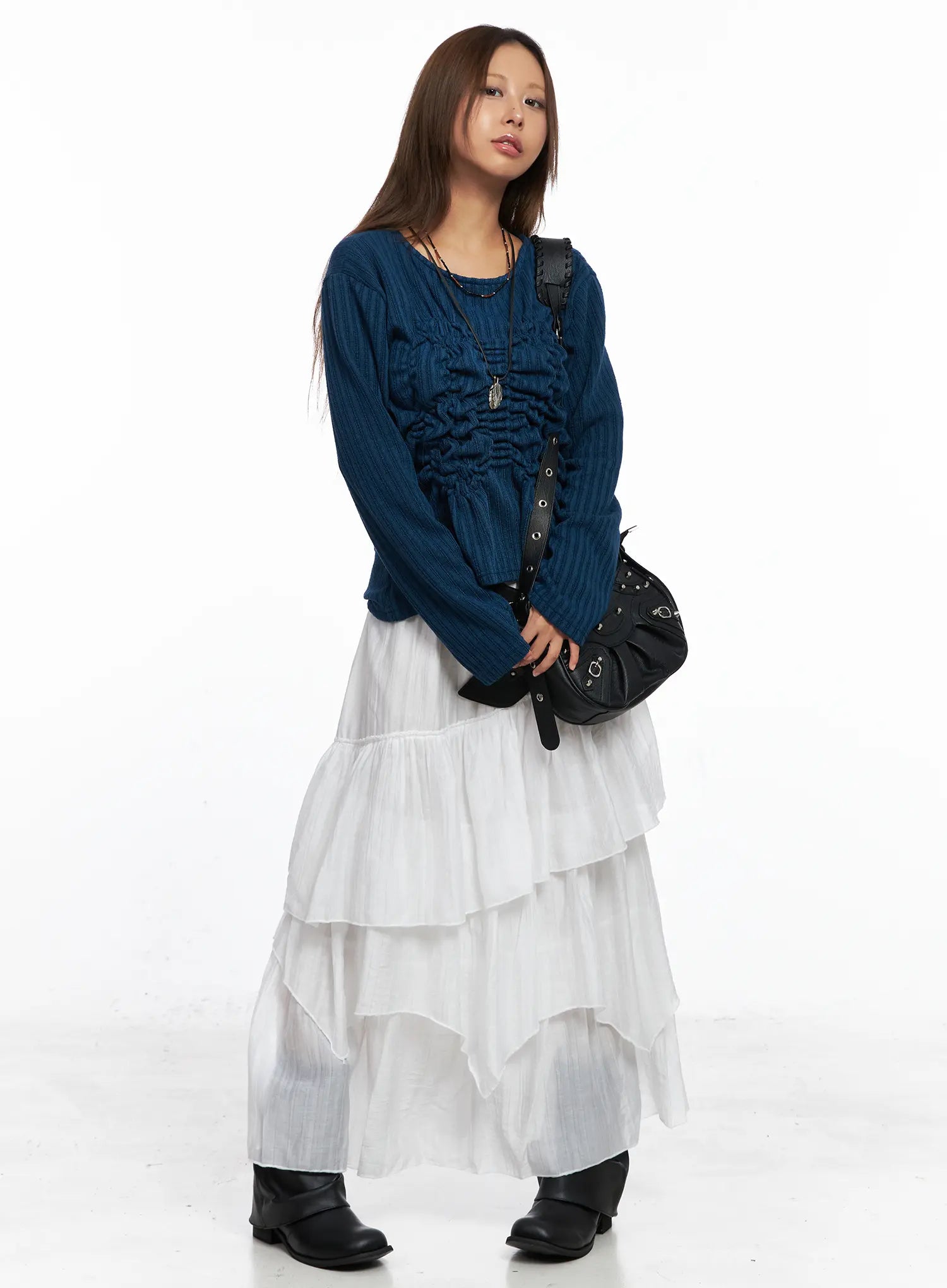 Ruffled Ribbed Long Sleeve Top CO510