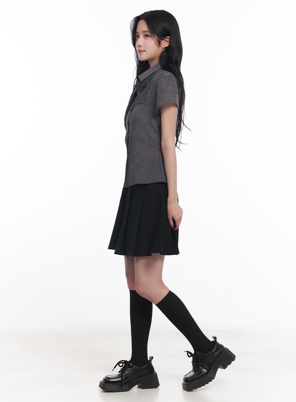 Checkered Puff Button Blouse Top CY526