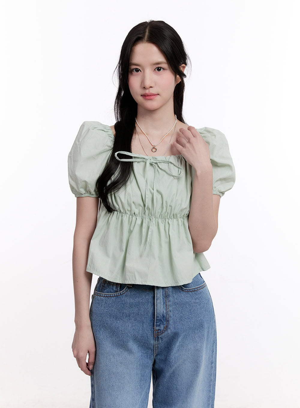 Ribbon Puff Sleeve Square Neck Top CM526