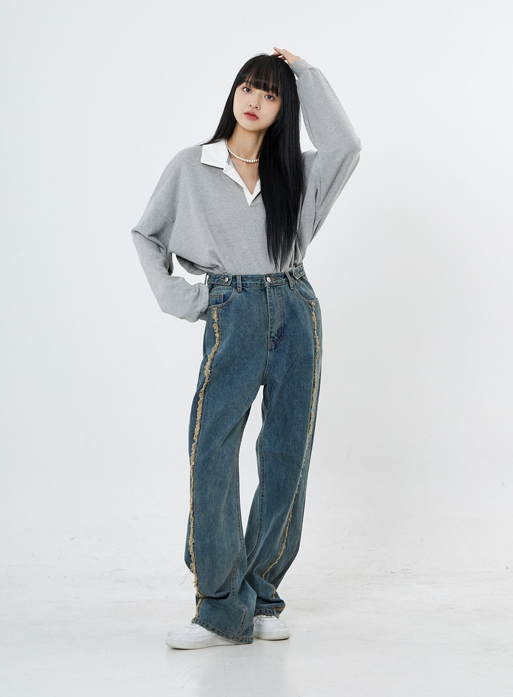 V-Neck Shirt Collar Oversize Sweatshirt OO13