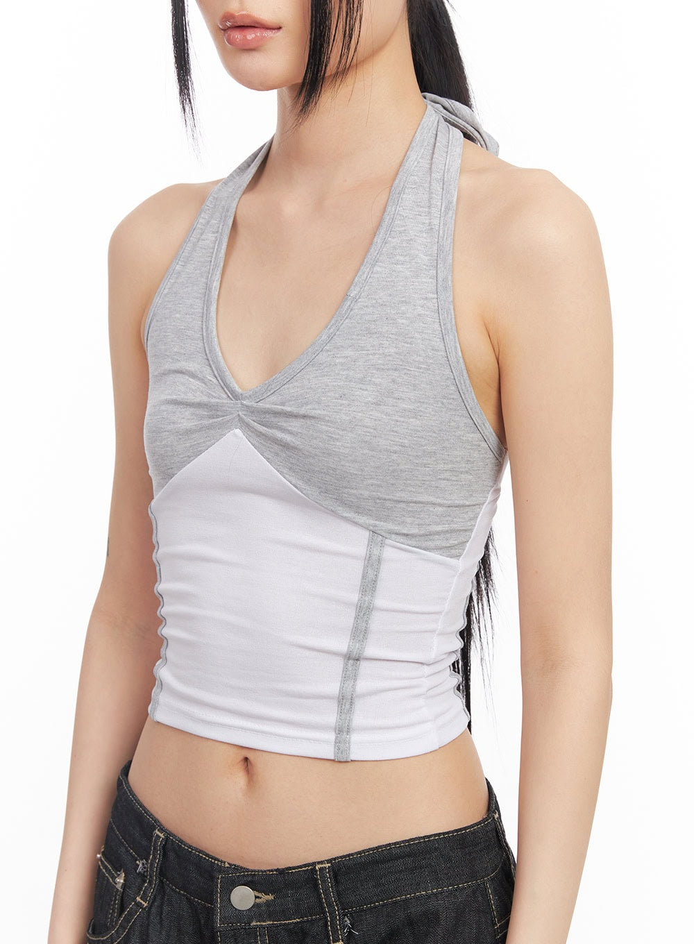 Shirred Halter V-Neck Crop Tank Top CY528