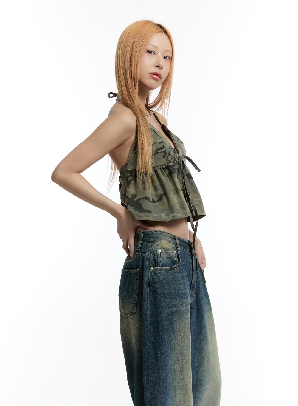 Camo Ribbon Halter Crop Cami Top CY501