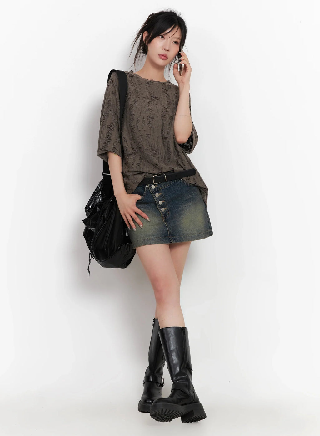 Slanted-Button Low-Rise Denim Skirt IC503