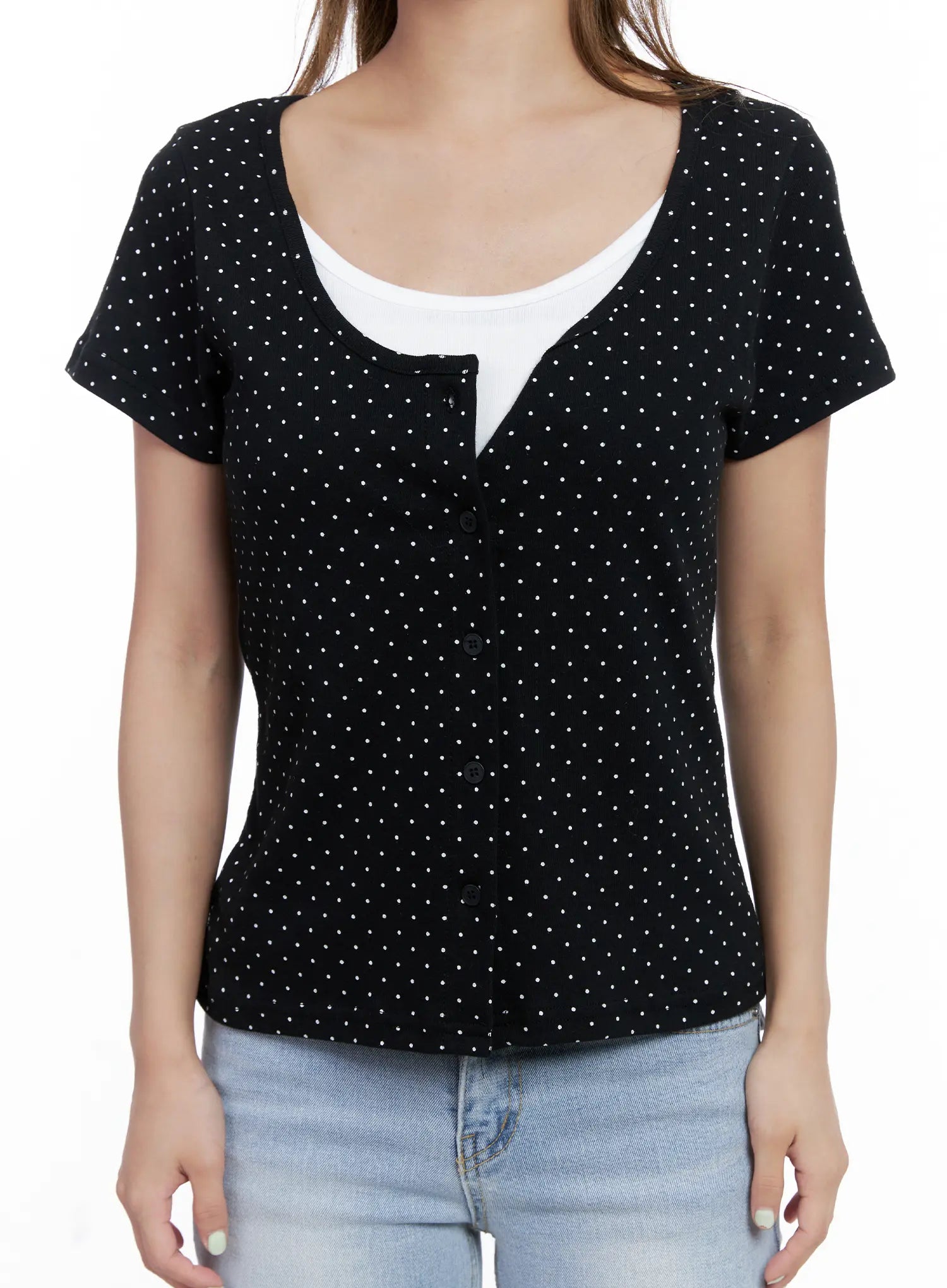 Layered Polka Dot Button Tee CL510