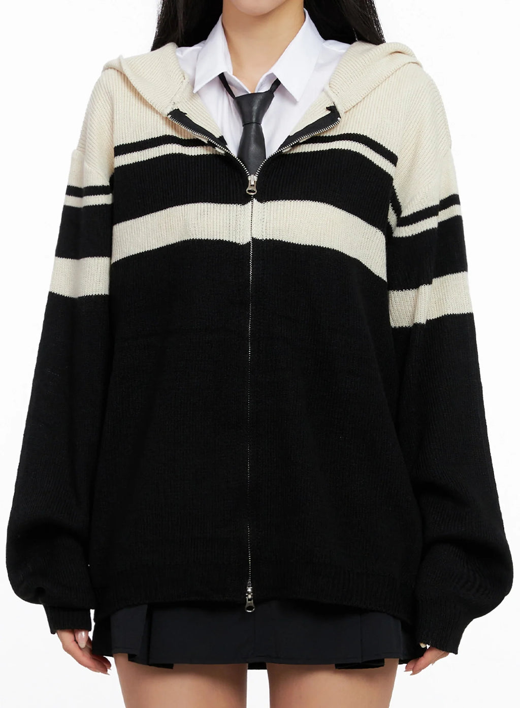 Striped Oversized Zip-Up Knit Hoodie IG508