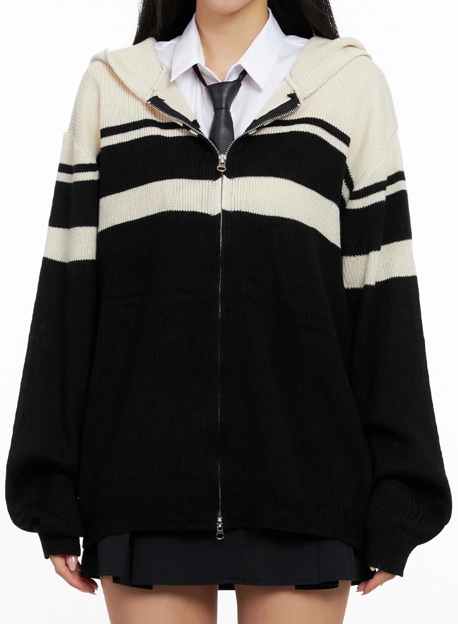 Striped Oversized Zip-Up Knit Hoodie IG508