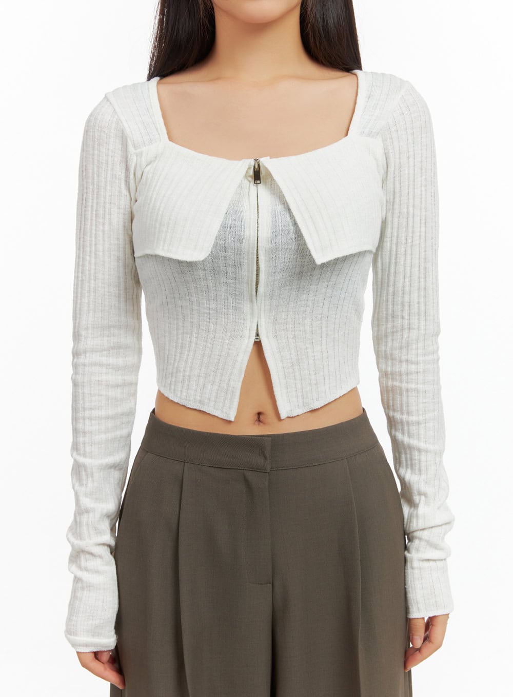 Slit Zip-Up Square Neck Crop Top IS402