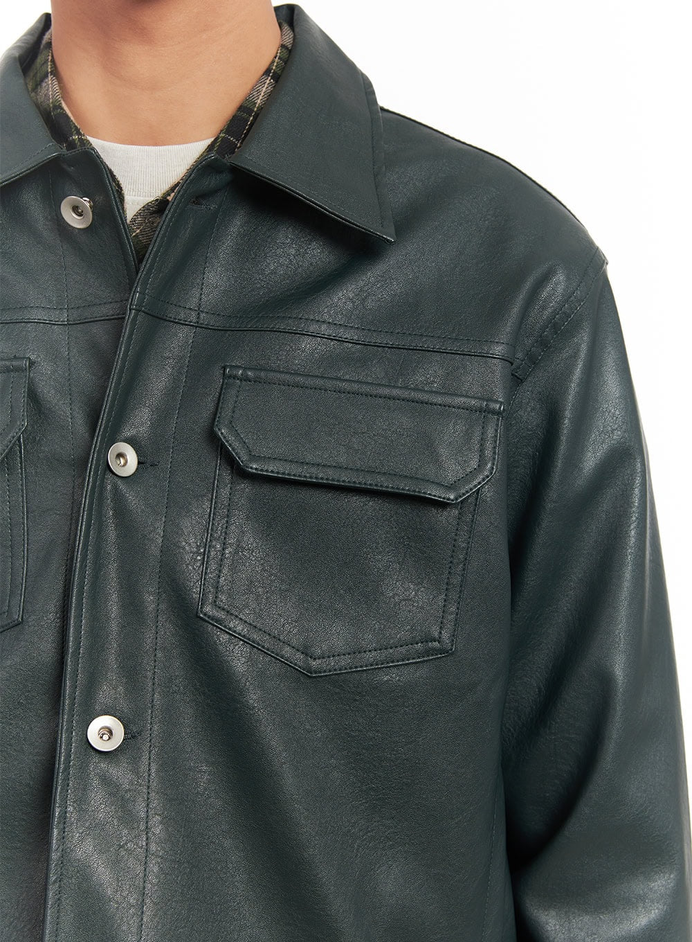 Men's Faux-Leather Collared Trucker Jacket IA511