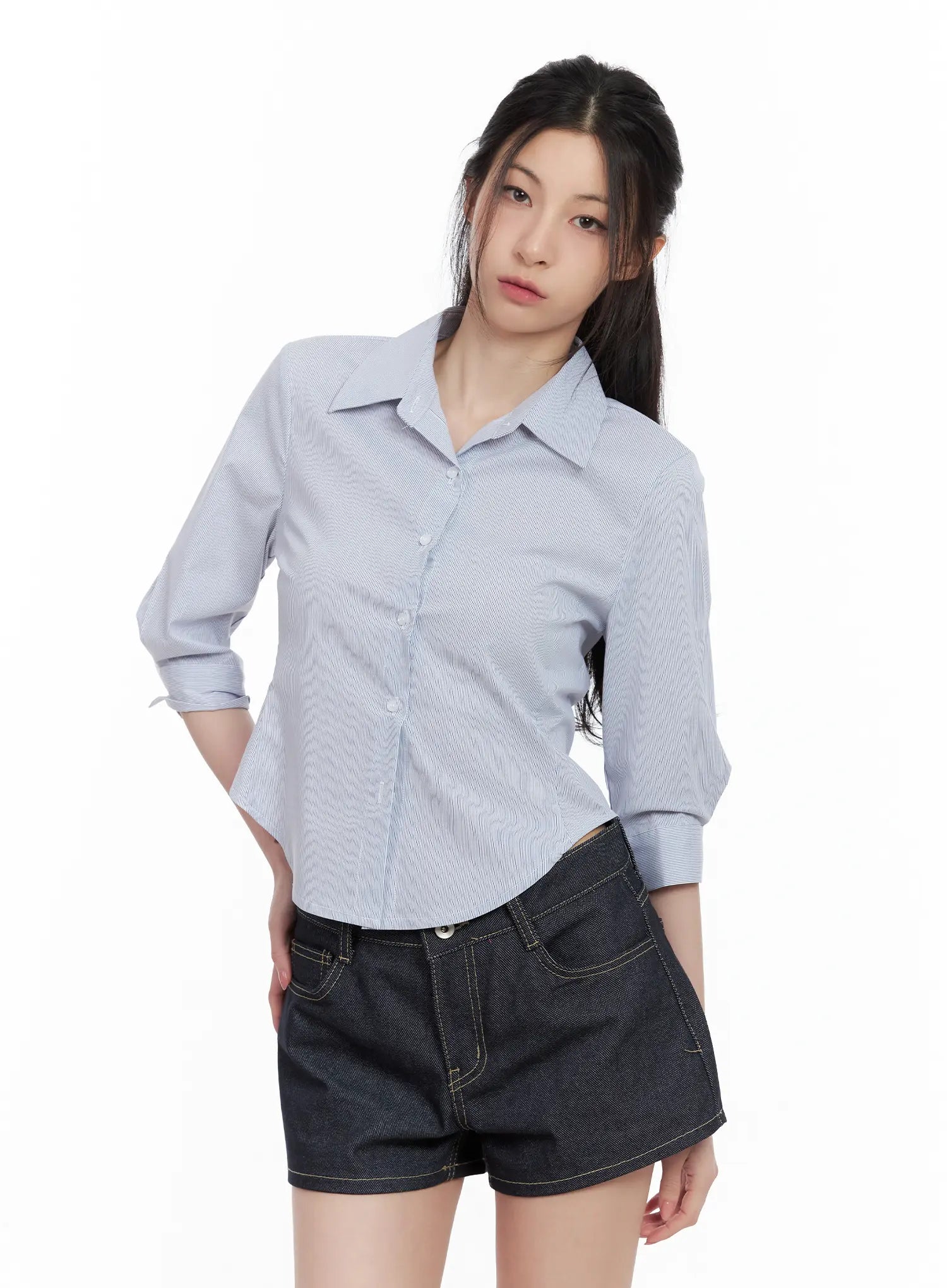 Striped Half-Sleeve Slim-Fit Collared Shirt CL501
