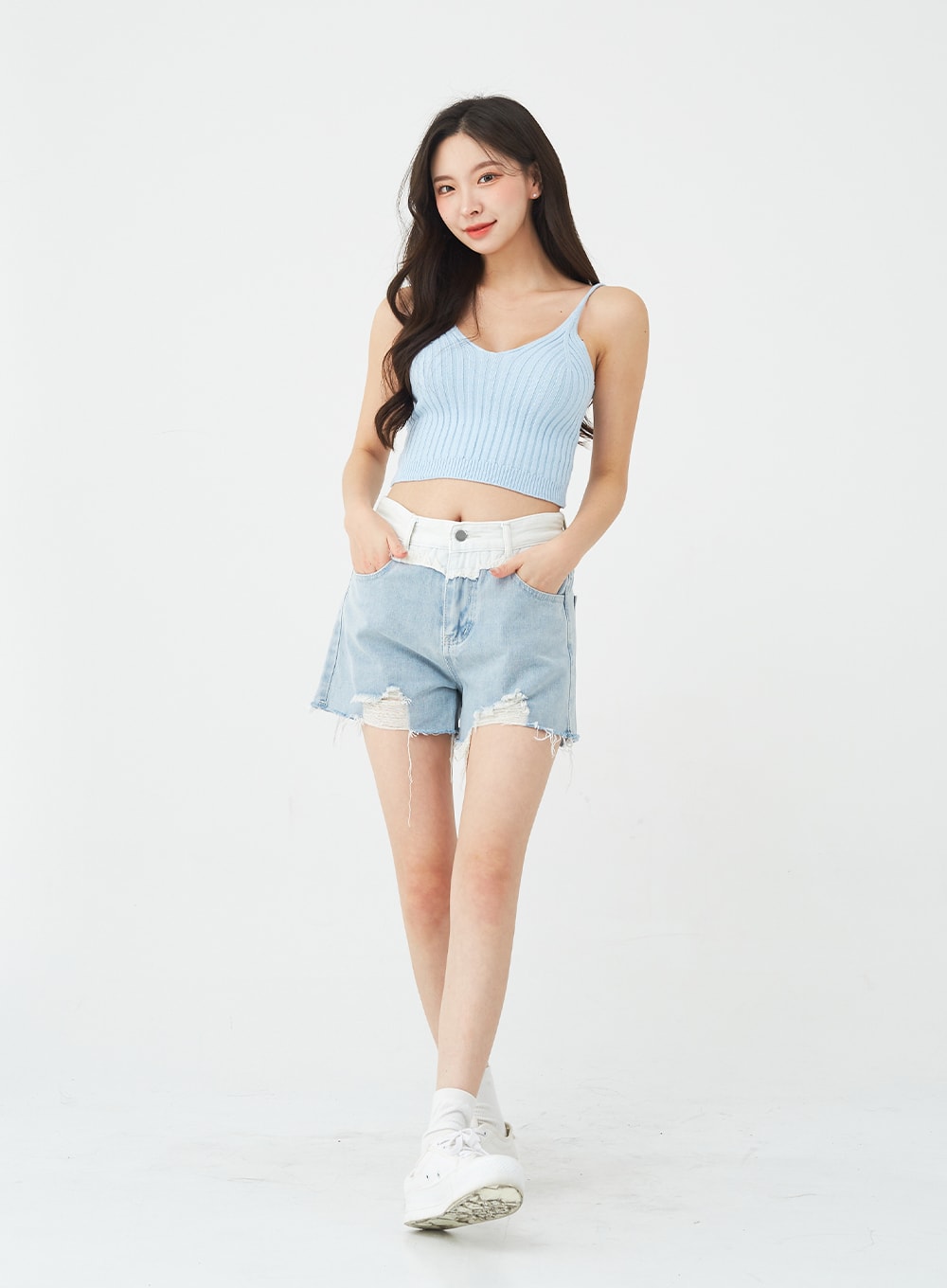 Two-Tone Distressed Denim Shorts BG12