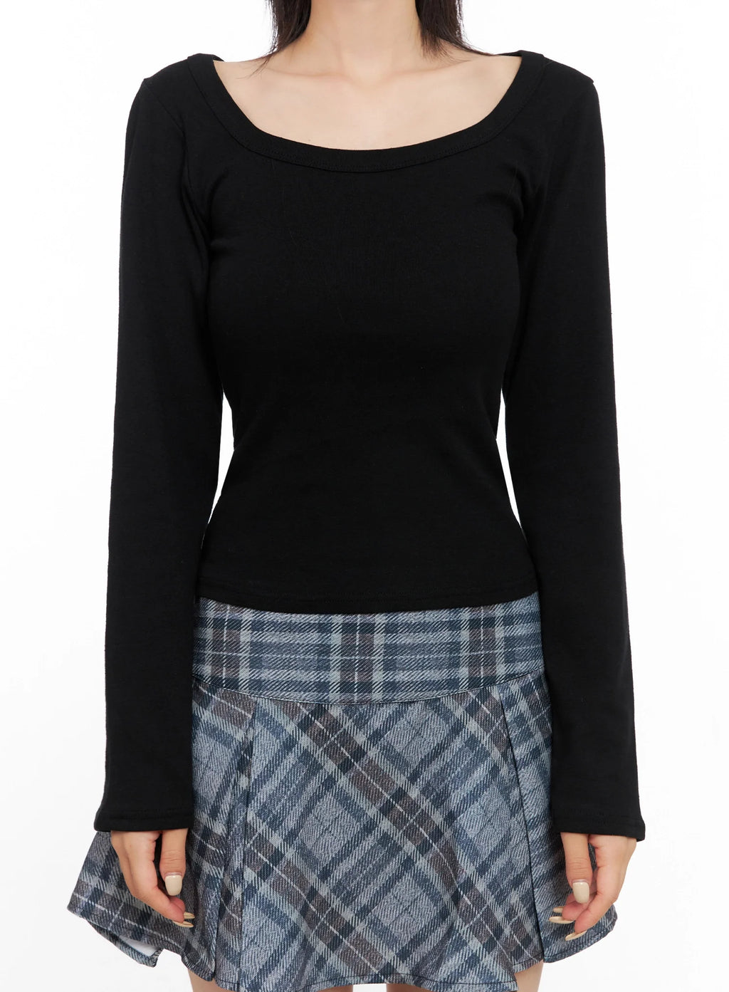 Wide Neck Fitted Long Sleeve Top IS508