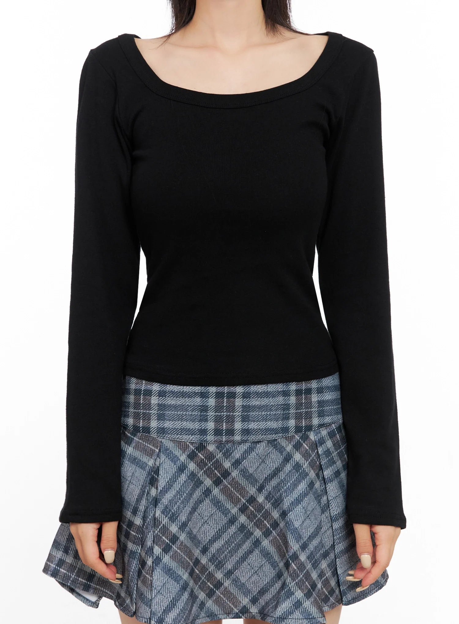 Wide Neck Fitted Long Sleeve Top IS508