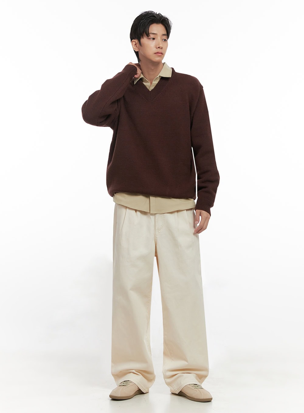 Men's Pintuck Wide Leg Cotton Pants (Light beige) ID413
