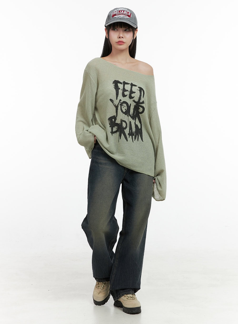 Lettered Boat Neck Off-Shoulder Knit OS410