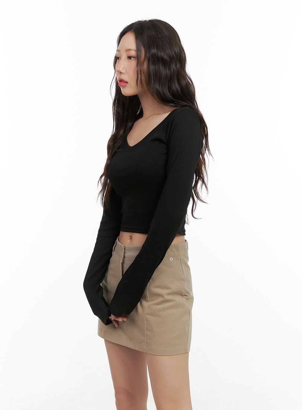 Cotton V-Neck Crop Long Sleeve Top CG422