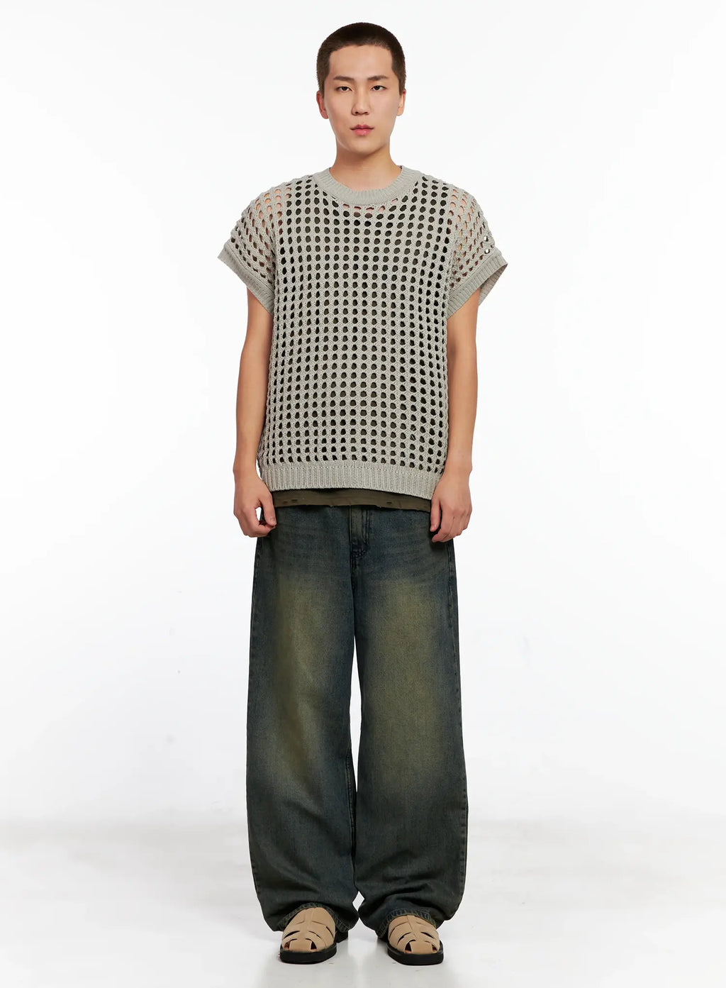 Men's Wide-Leg Washed Denim Jeans IG508