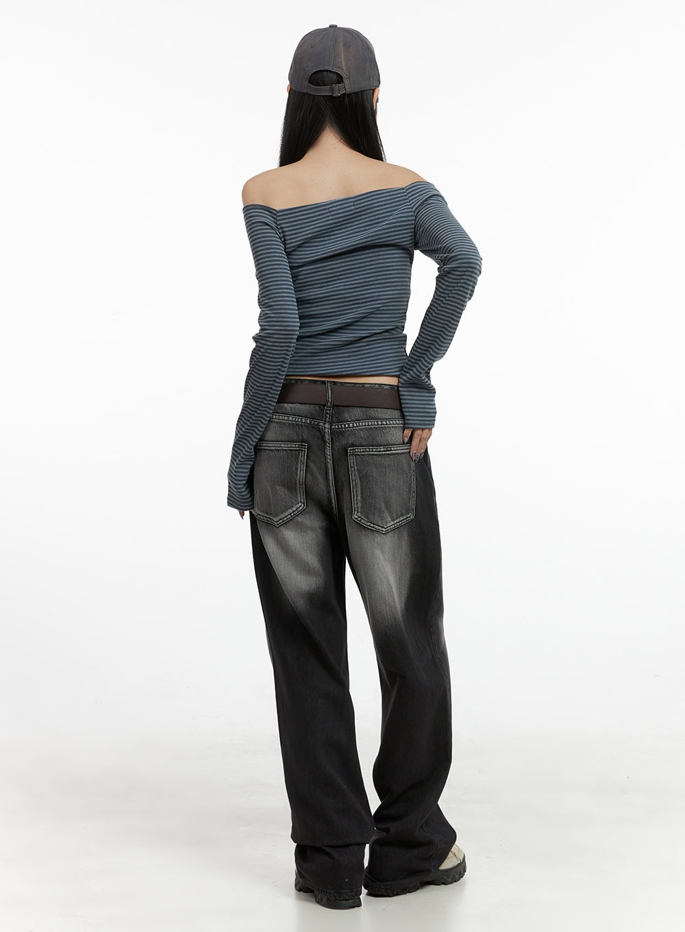 Striped Off-Shoulder Long Sleeve Top OO401