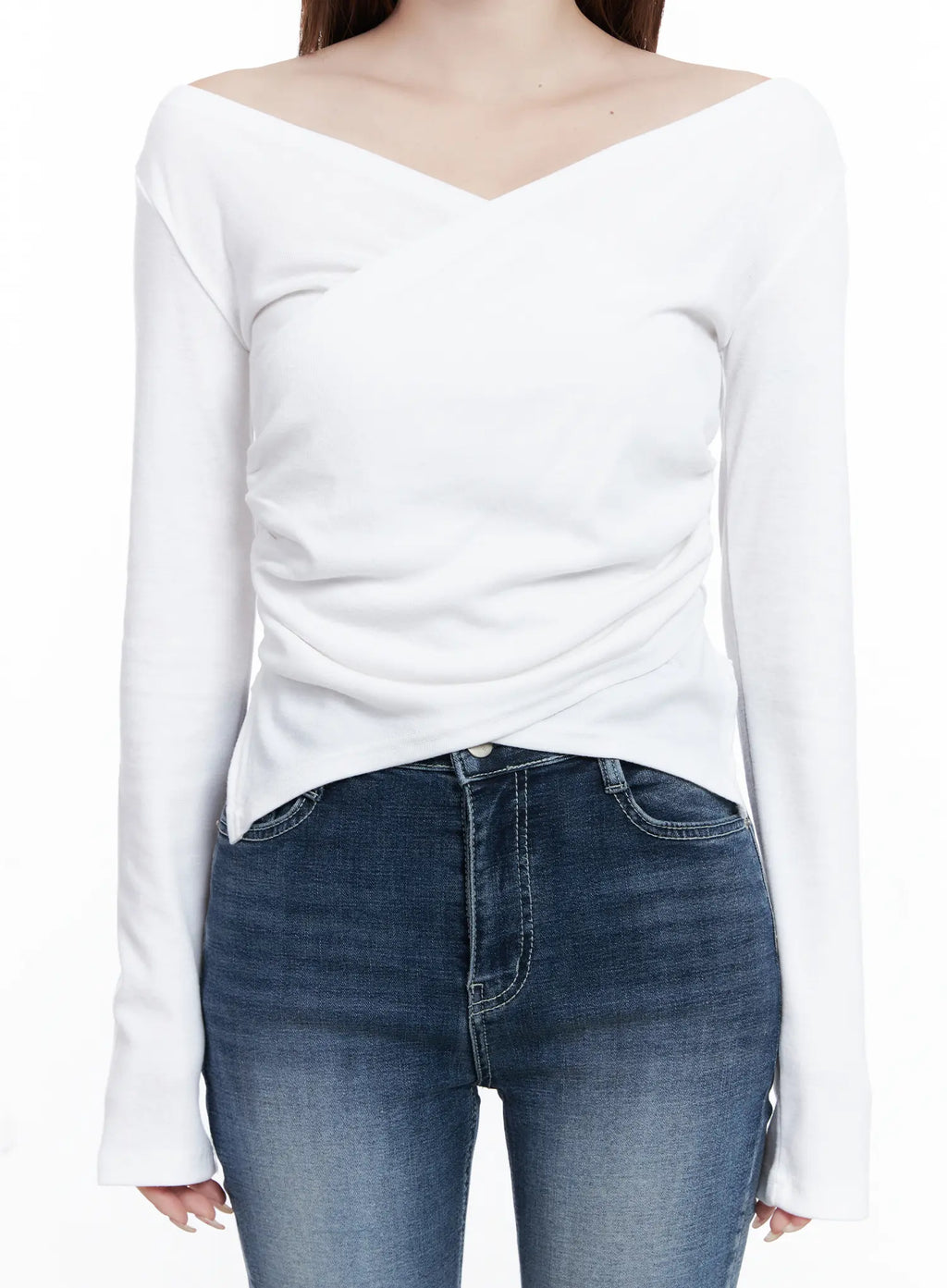 Off-Shoulder V-Neck Long Sleeve Top CG529