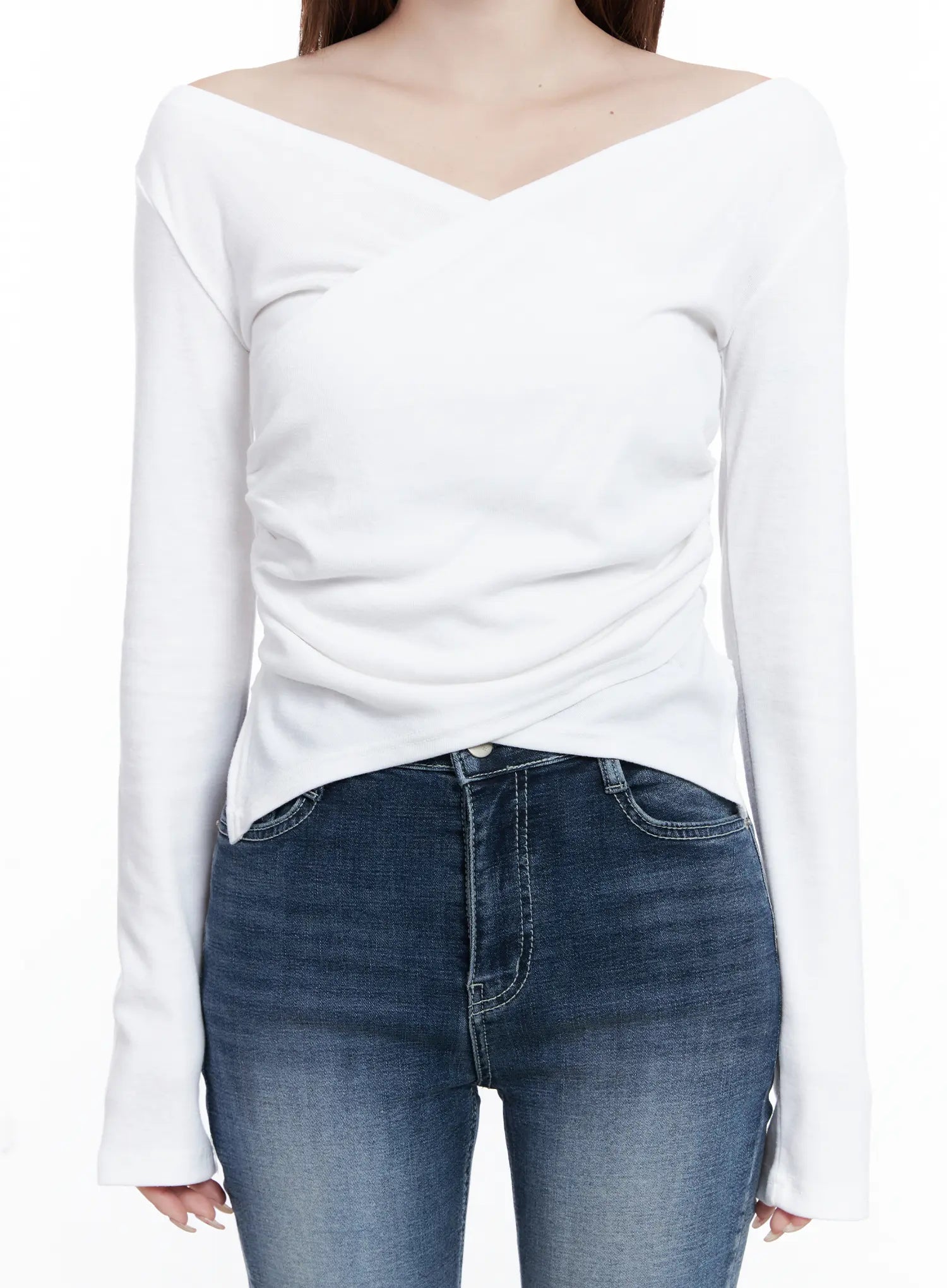 Off-Shoulder V-Neck Long Sleeve Top CG529