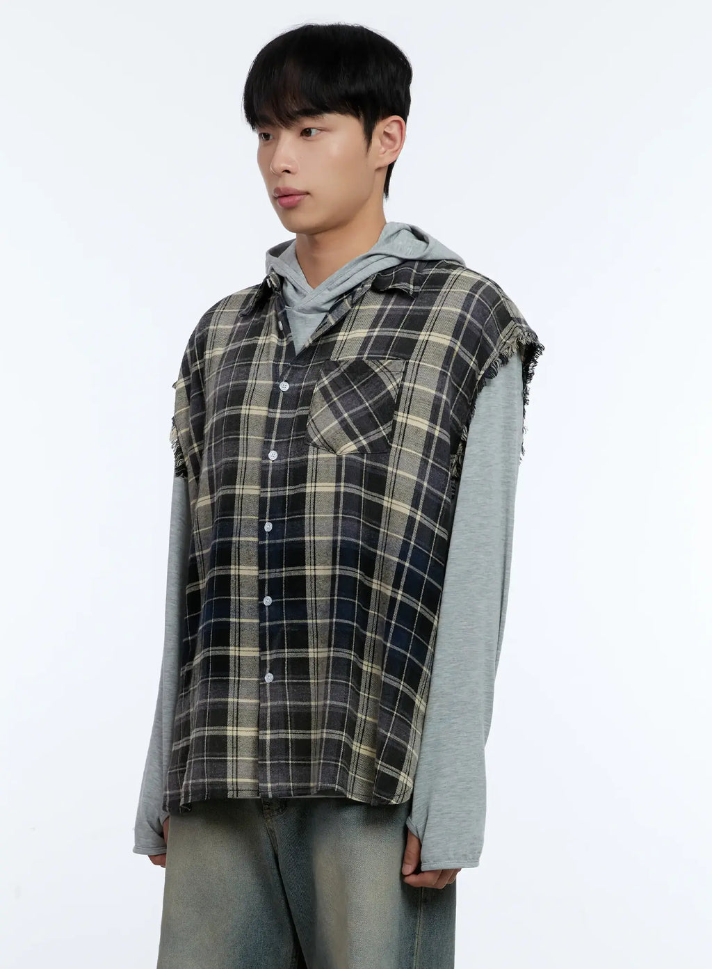 Men's Distressed Plaid Shirt Vest IL517