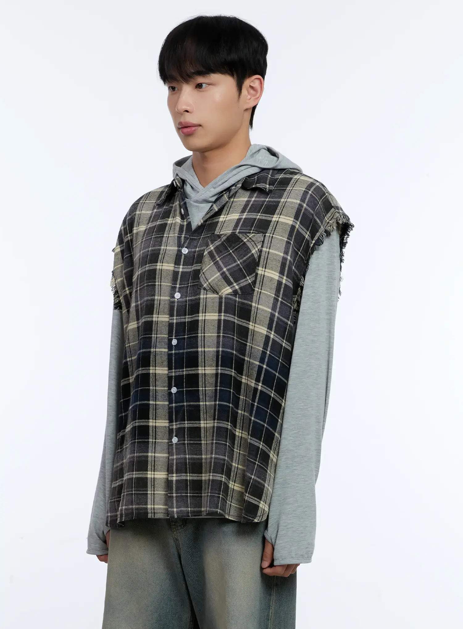 Men's Distressed Plaid Shirt Vest IL517