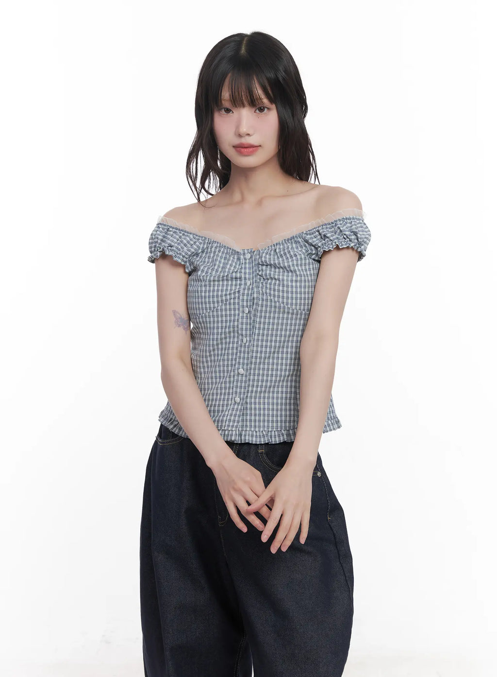 Plaid Frill Off-Shoulder Top CU519