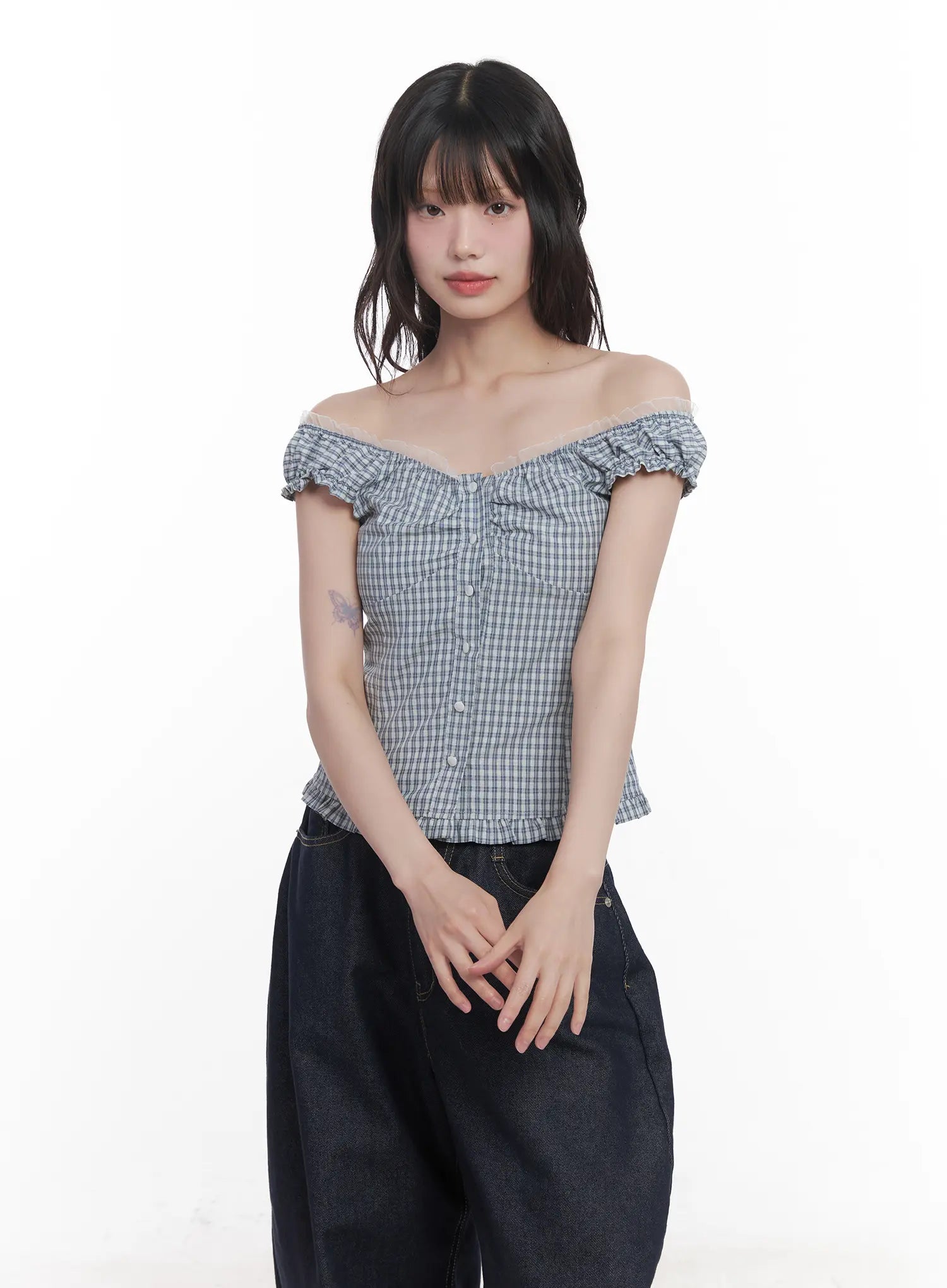 Plaid Frill Off-Shoulder Top CU519
