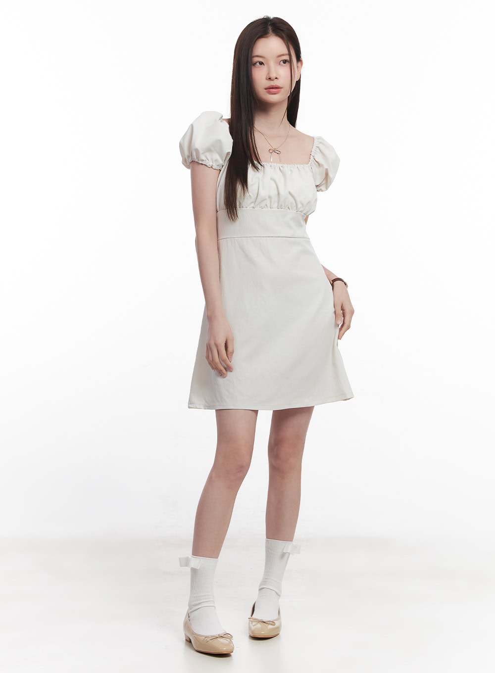Puff-Sleeve Shirring Mini Dress CY515