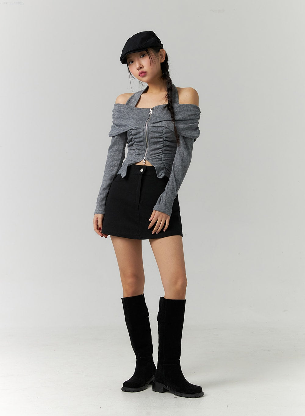 Shirred Off-Shoulder Zip-Up Crop Top CD307
