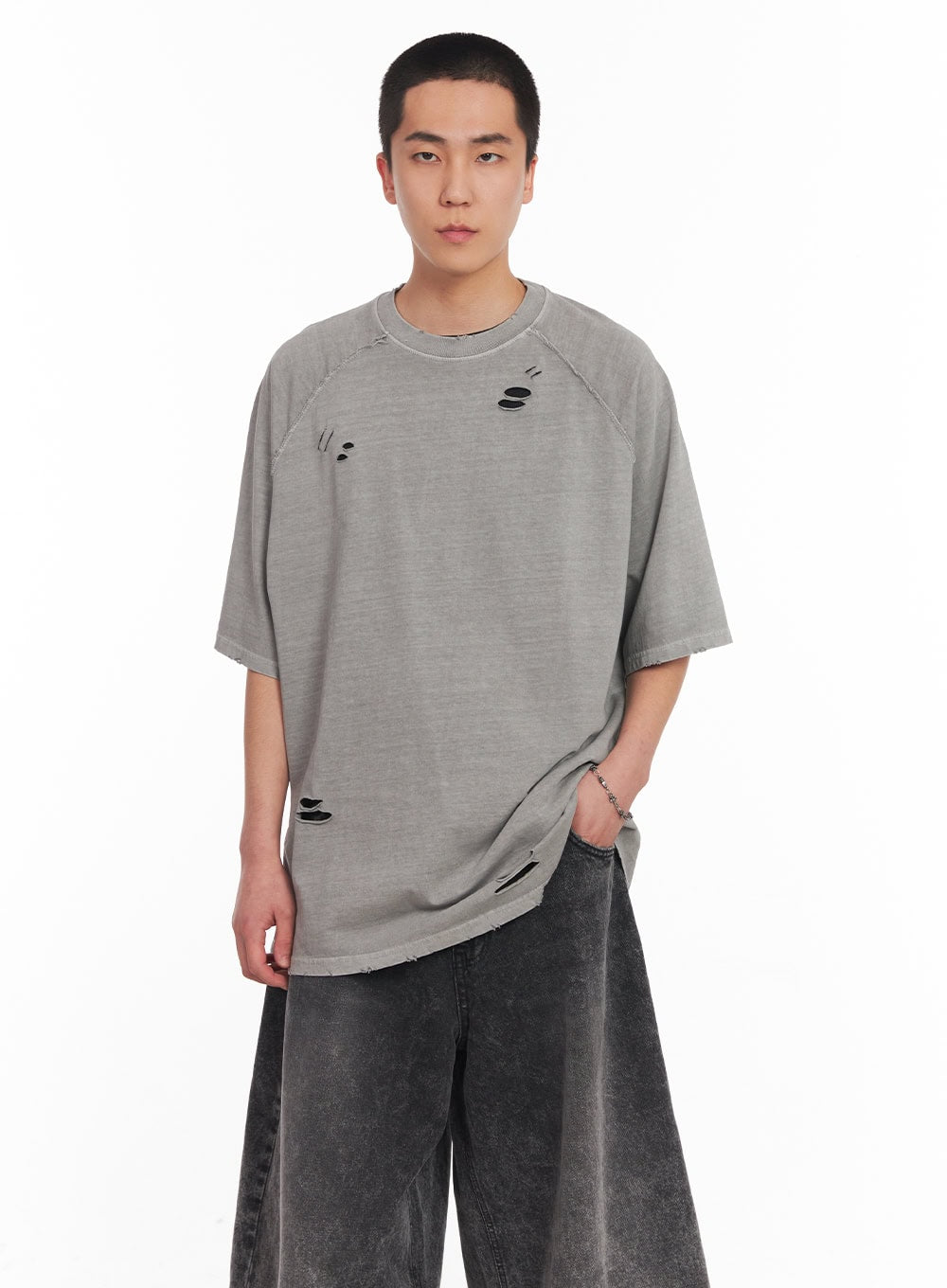 Distressed Washed Cotton T-Shirt IY506