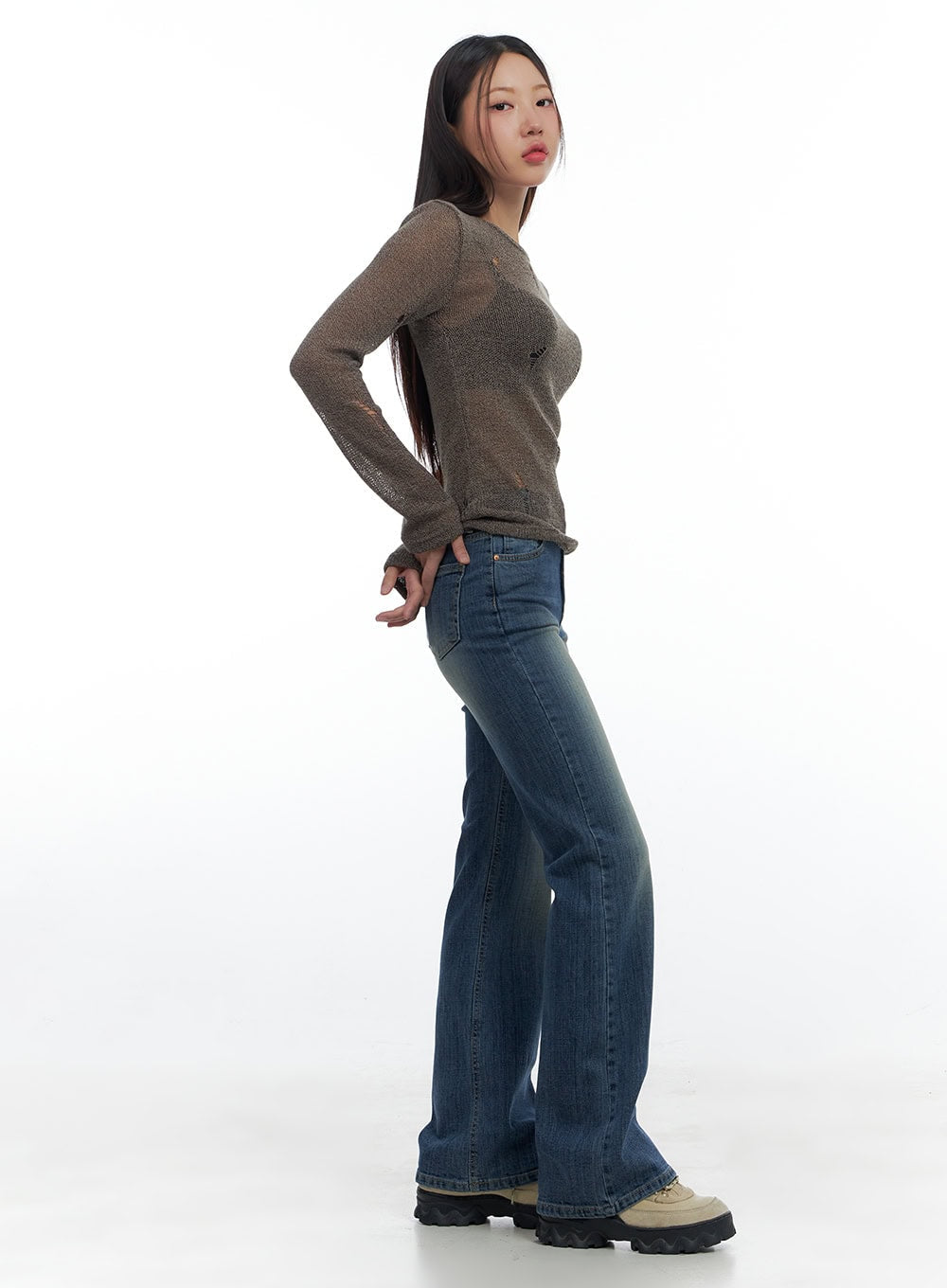 Kara Sleek Fit Washed Bootcut Cotton Jeans CS425