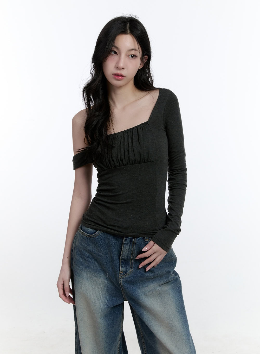One-Shoulder Asymmetric Shirred Top CJ520