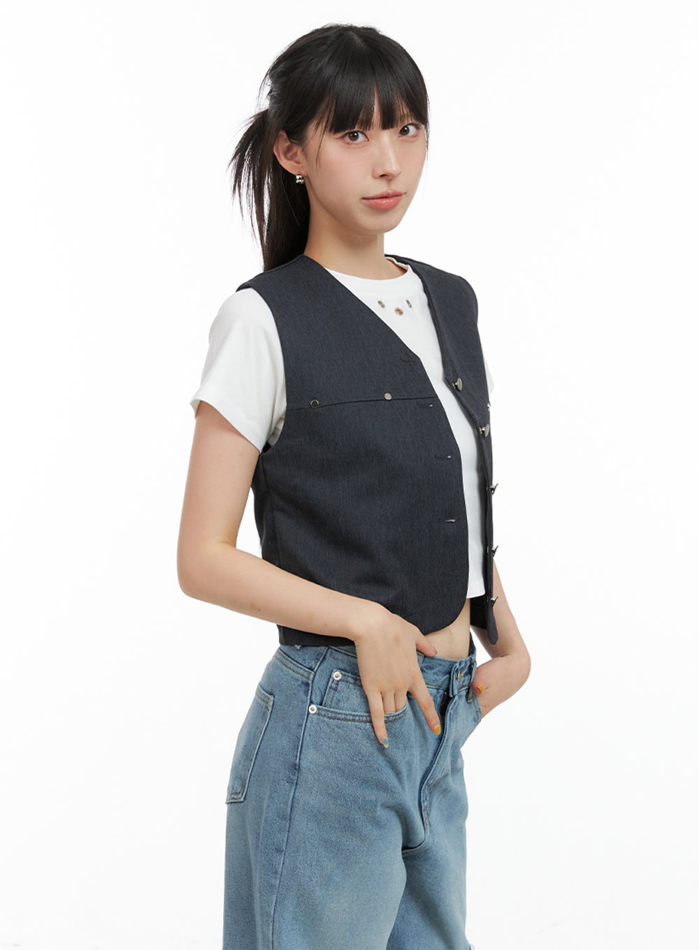 Buttoned V-Neck Denim Vest CG408