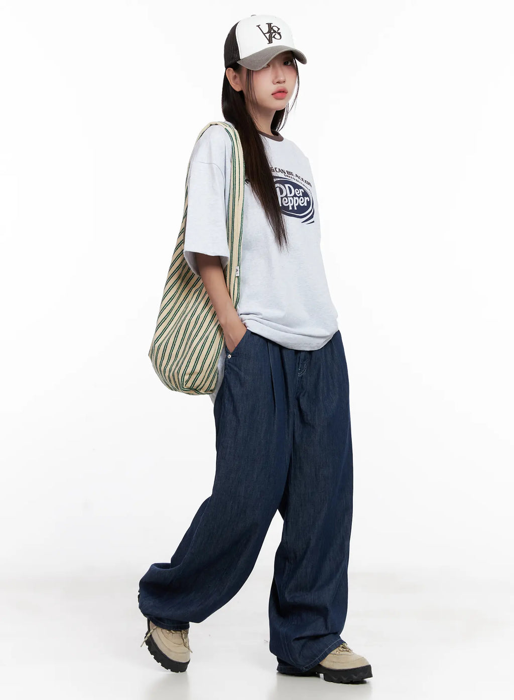 Striped Cotton Shoulder Tote Bag CL522