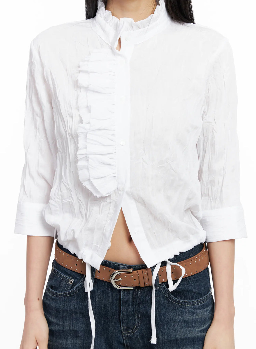 White Crinkled High Collar Top CC1109