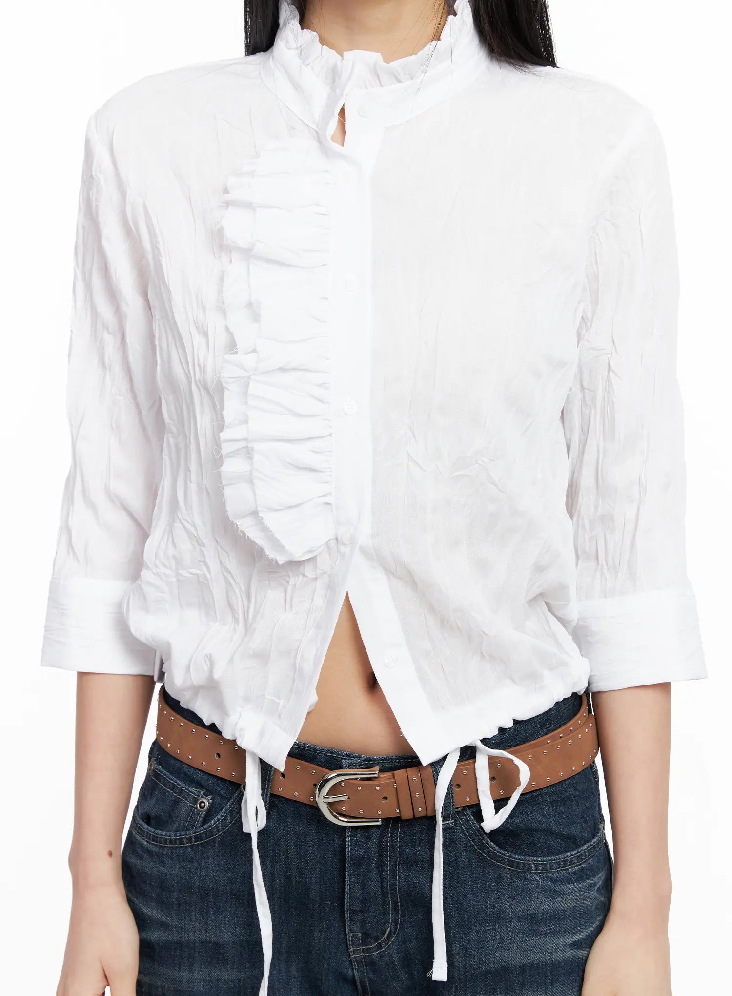 White Crinkled High Collar Top CC1109