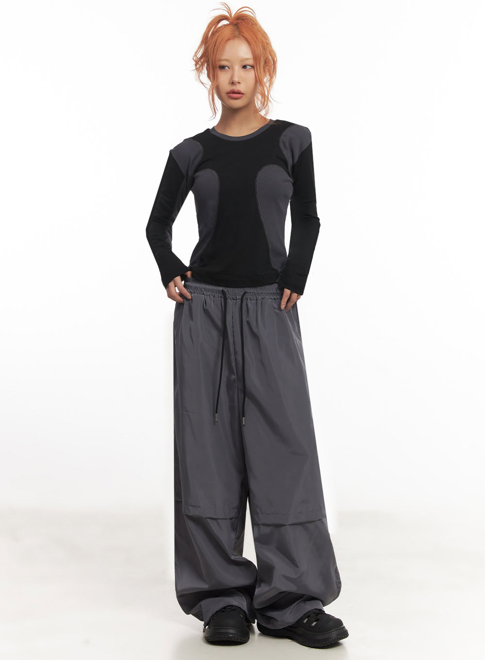 Pintuck Wide-Leg Windbreaker Trackpants IA517