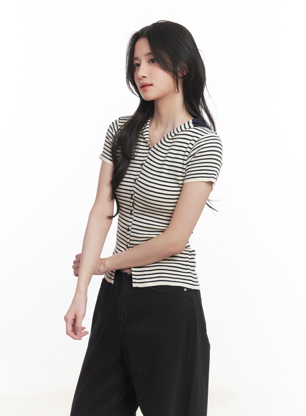 Stripe Buttoned Hooded Top CA511