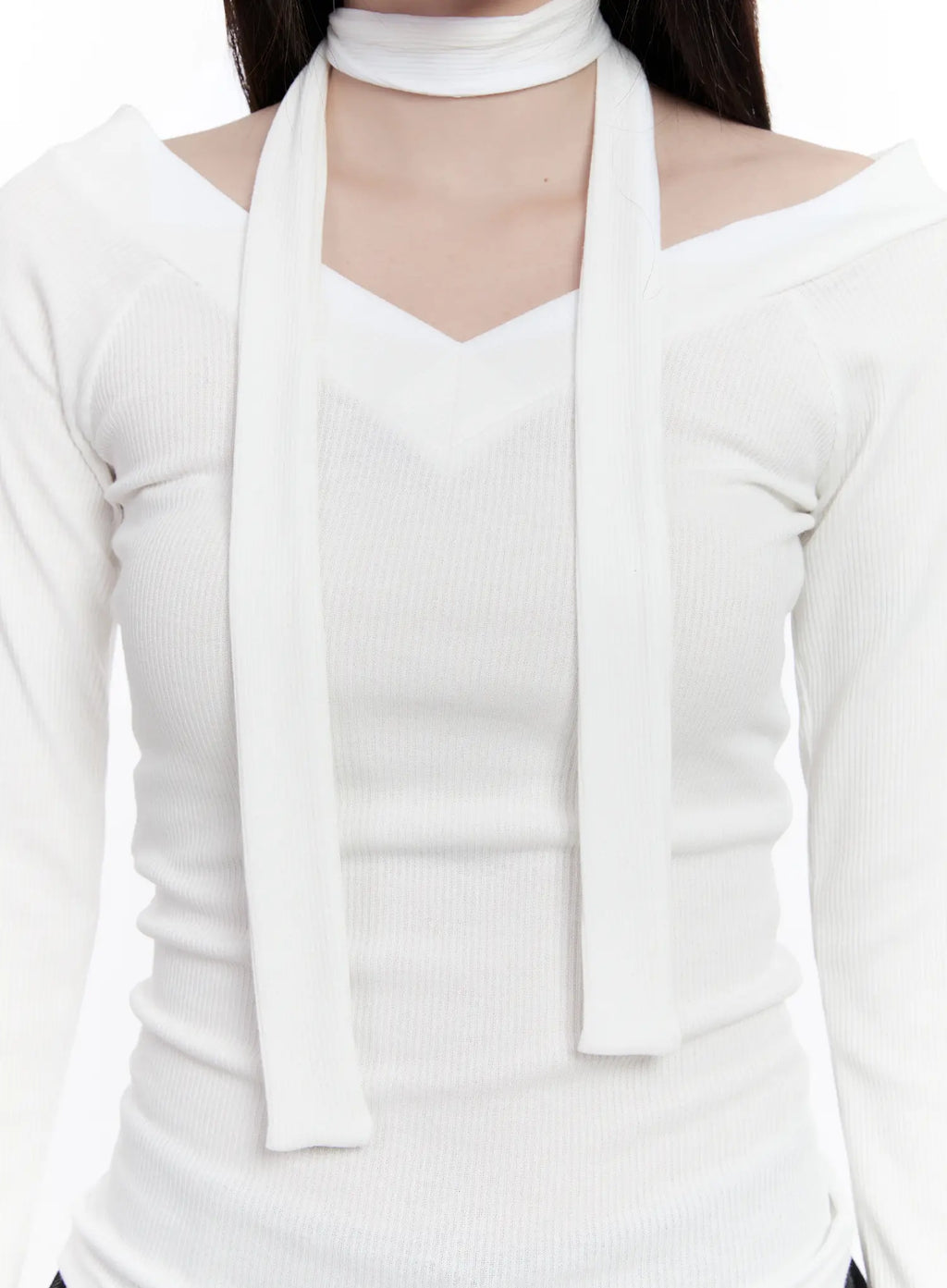 V-Neck Ribbed Two-Way Tie Long Sleeve Top CS530