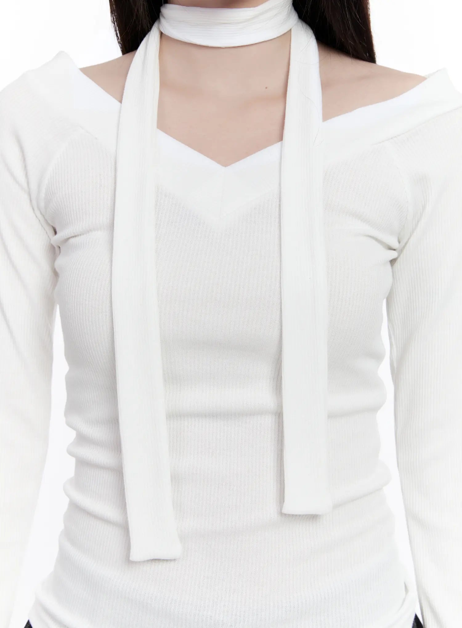 V-Neck Ribbed Two-Way Tie Long Sleeve Top CS530